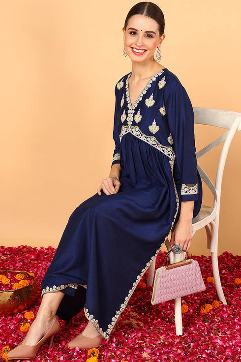 Plus Size Navy Blue Silk Blend Solid Embroidered Flared Kurta Set